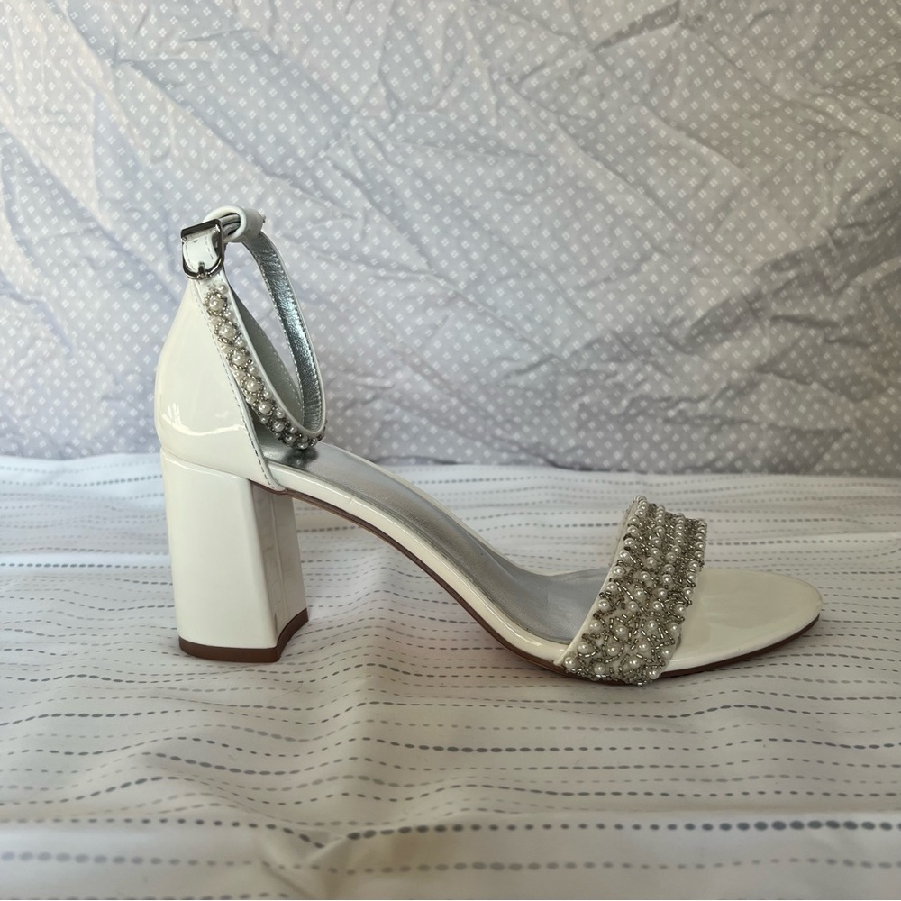 White Beaded Heels, Open-toed, Adjustable Ankle Strap - Picture 3 of 8